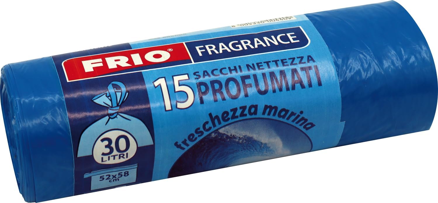 FRIO Lot de 15 Sacs Poubelle de 30 Litres Parfumés à la Fraîcheur Marine - 52x58cm, Couleur Bleu - Sacs Poubelle de Qualité Premium, Extra Résistants