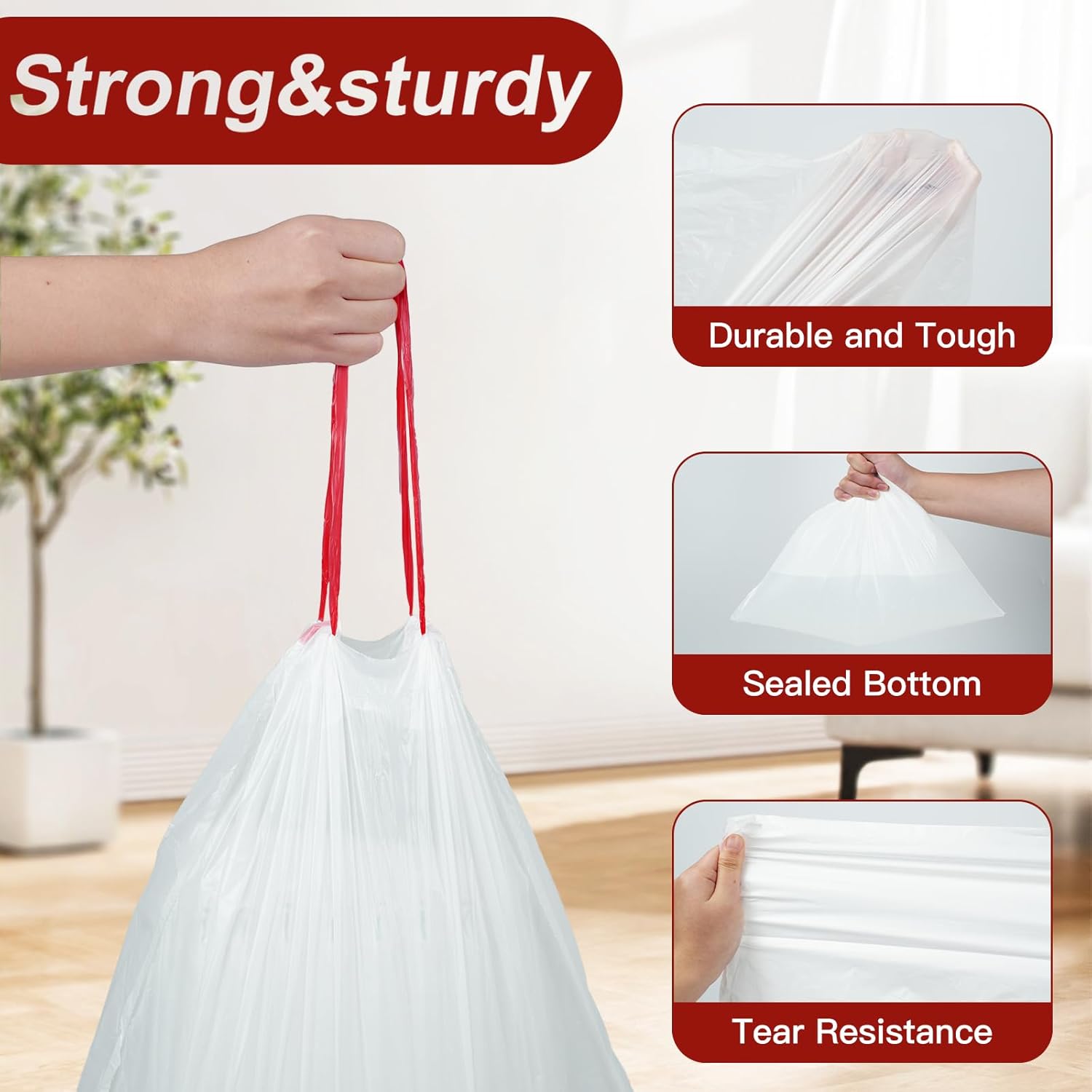 O2frepak Sac Poubelle 15 Litres avec Liens Coulissants,Sac Poubelle Haute Résistant (45x50cm,100 Sacs)