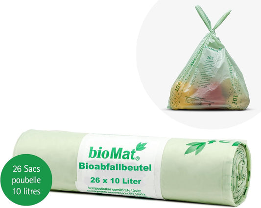 bioMat Sac Poubelle Compostable 10l avec Poignée, 26 Sacs, Qualité Supérieure, Certifié DINplus, Fabriqué en Allemagne