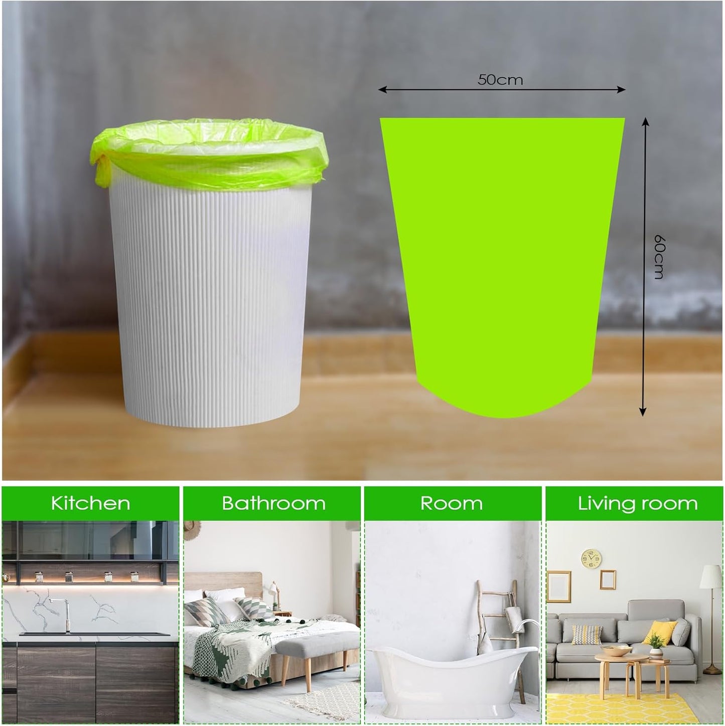 Tekenewbse Lot de 150 Sacs Poubelle Biodégradables 25L, Sac Poubelle Rectangulaire, Sac Poubelle Compostable pour Aliments, Ménages, Déchets de Jardin Dans La Cuisine, Le Bureau(50X60cm, Vert)